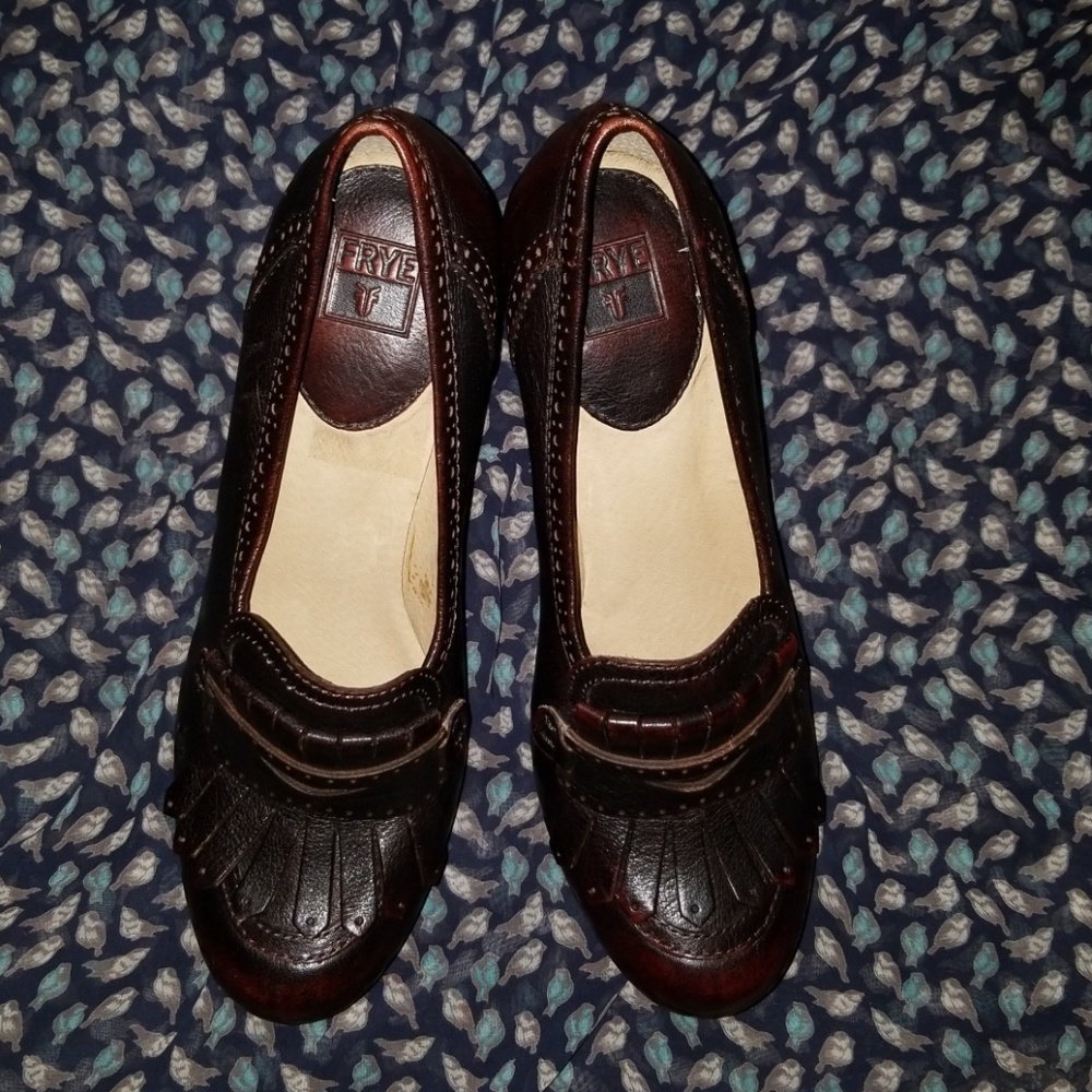 Frye Naiya Kiltie Moc Oxford stacked heels